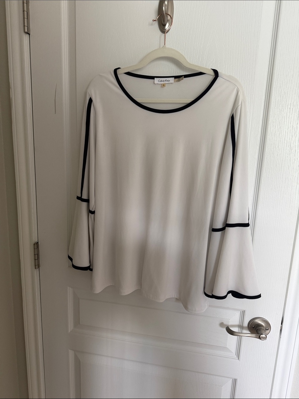 Calvin Klein White Bell Sleeve Top with Black Trim